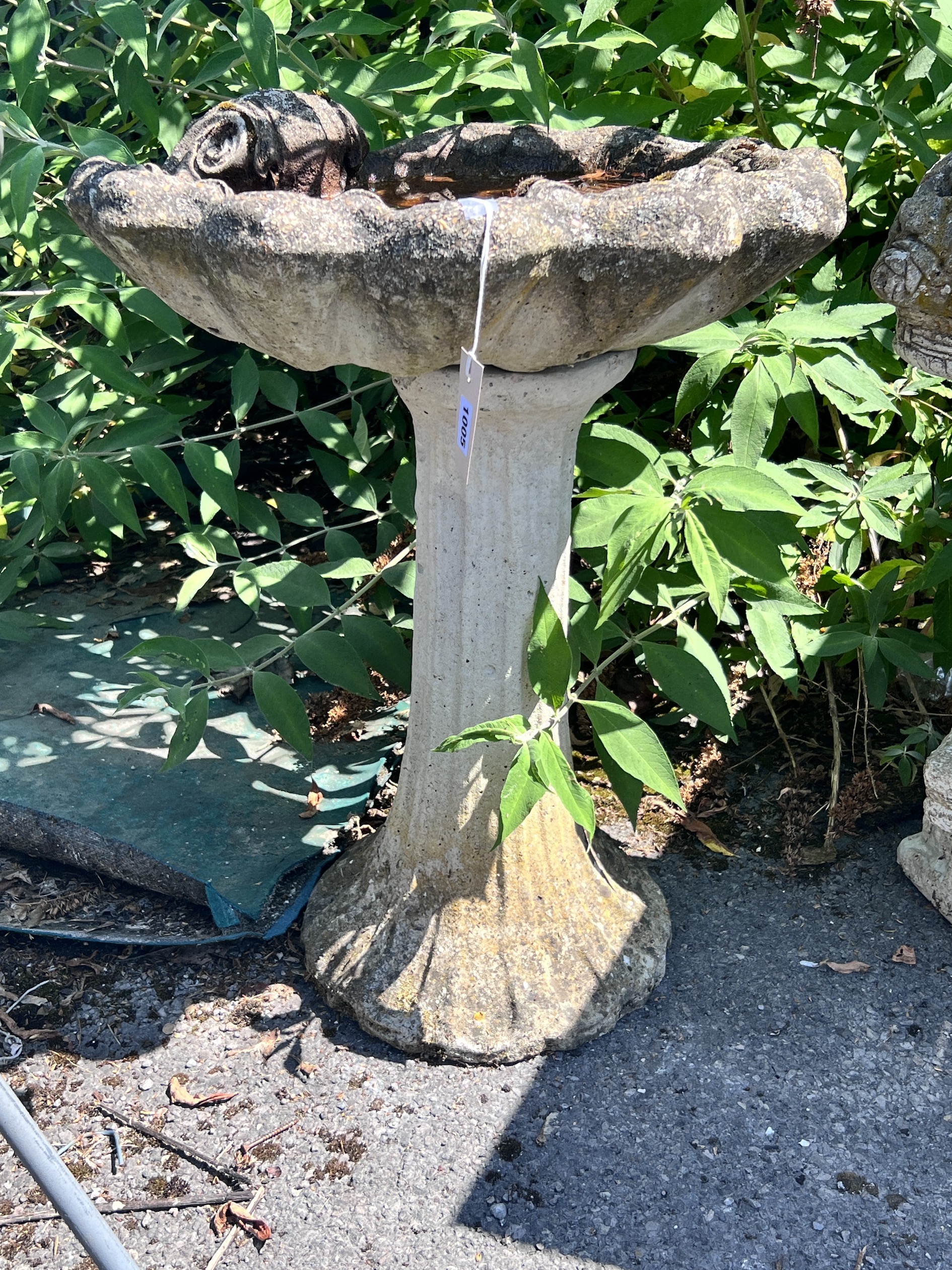 A reconstituted stone scallop shell bird bath, width 54cm, height 68cm